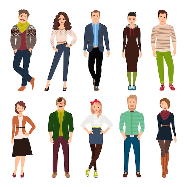 Junge modeleute der hübschen netten karikatur lokalisiert. freizeitkleidung männer und frauen vektor-illustration Premium Vektoren