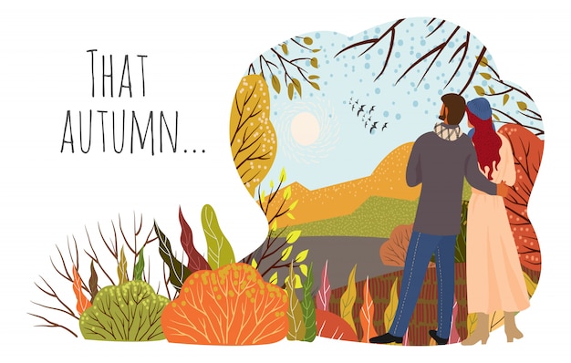 Junge paare auf herbstnaturlandschaft hügeln, bäume, fliegende vögel, naturlandschaft in einer modischen flachen netten art. horizontaler vektor Premium Vektoren