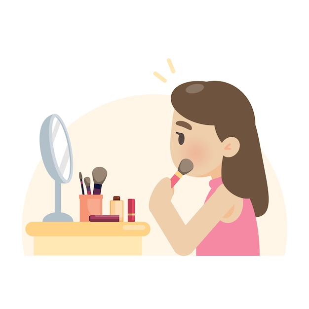 Junge schöne frau, die make-up unter verwendung einer bürste auf gesicht macht Premium Vektoren