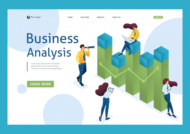 Junges team von unternehmern im bereich business analytics. datenanalyse-konzept. 3d isometrisch. landingpage-konzepte und webdesign Premium Vektoren