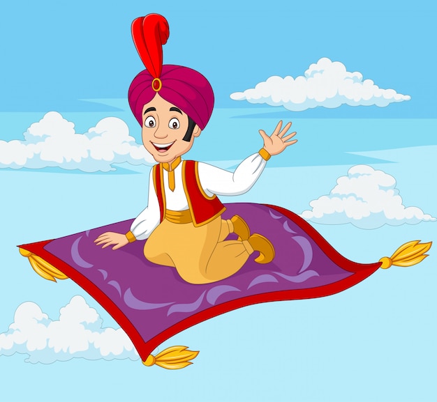 Karikatur-aladdin, der auf fliegendem teppich reist ...