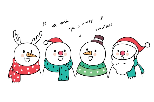 Karikatur-netter weihnachtsschneemann singen einen liedvektor. Premium Vektoren