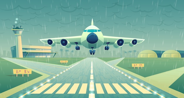 Karikaturillustration, weißes verkehrsflugzeug, jet über der piste. Kostenlosen Vektoren