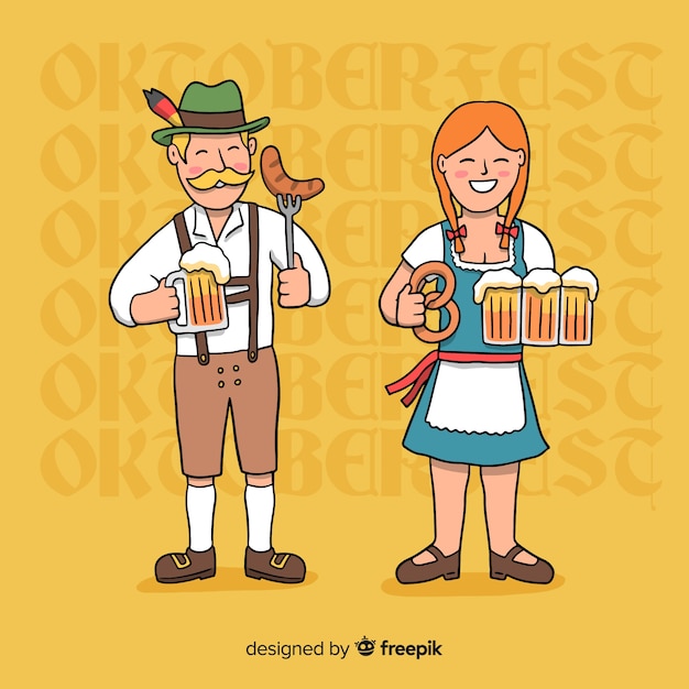 Karikaturleute Die Am Oktoberfest Trinken Und Essen Kostenlose Vektor