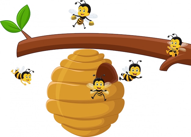 Karikaturniederlassung Eines Baums Mit Einem Bienenstock Und Einer Biene Premium Vektor