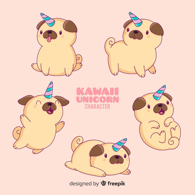 Kawaii hundeeinhorn-charaktersammlung Kostenlosen Vektoren