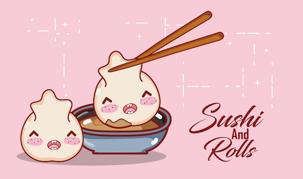 Kawaii Knodelsauce Und Essstabchen Essen Japanische Karikatur Sushi Und Brotchen Premium Vektor