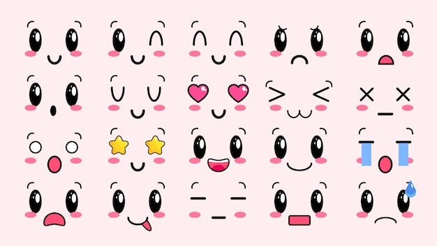 Kawaii Susse Gesichter Augen Und Munder Im Manga Stil Lustiges Japanisches Cartoon Emoticon In Verschiedenen Ausdrucken Fur Soziale Netzwerke Ausdruck Anime Charakter Und Emoticon Gesicht Illustration Eps Premium Vektor