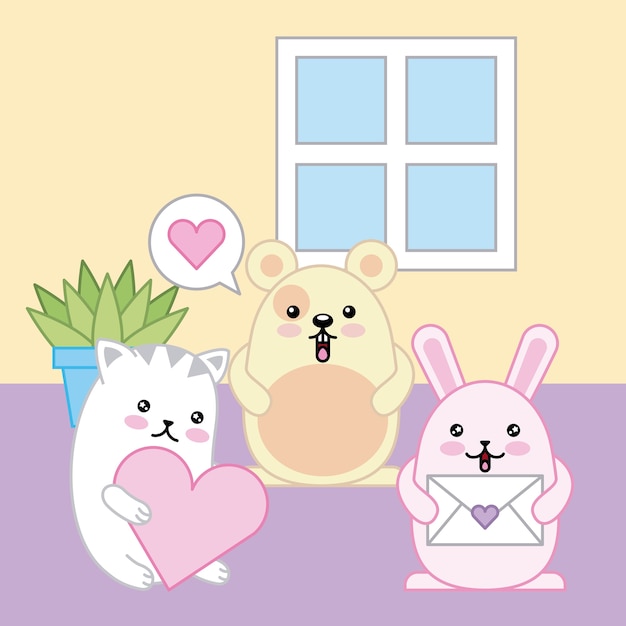 Kawaii Tiere Maus Hase Und Katze Freundliche Karikatur Premium Vektor