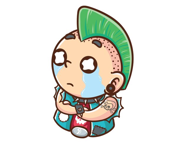 Kawaii Und Lustige Punkman Cry Sad Mascot Character Illustration Hand Gezeichnete Cartoon Farbung Stil Premium Vektor