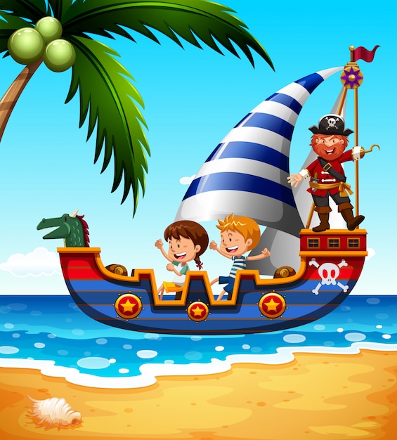Kinder auf dem schiff mit pirat | Kostenlose Vektor