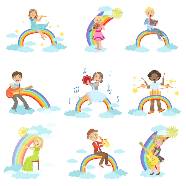 Premium Vektor Kinder Die Musikinstrumente Mit Regenbogen Und Wolkendekoration Spielen