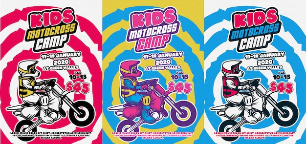 Kinder Motocross Camp Poster Design Sommer Retro Vintage Coole Farbe Illustration Flyer Premium Vektor