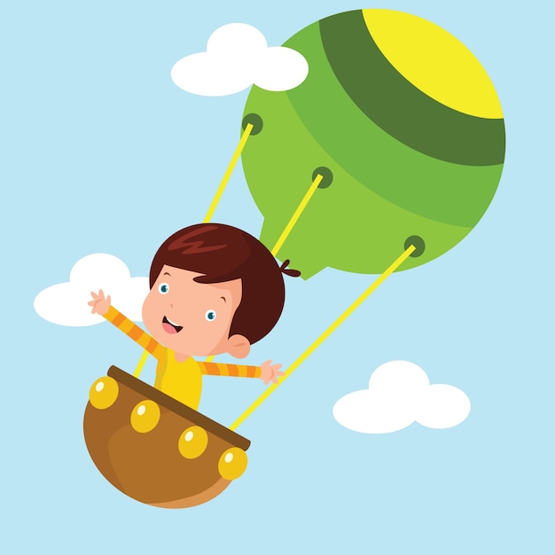 Kinder Reiten Luftballon Cartoon Illustration Premium Vektor