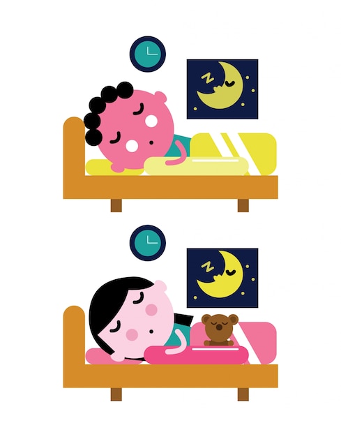 Kinder schlafen im bett. kinderbett-konzept. flache charaktergestaltung und flache elemente ...