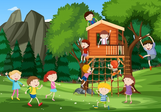 Kinder spielen im baumhaus Kostenlosen Vektoren