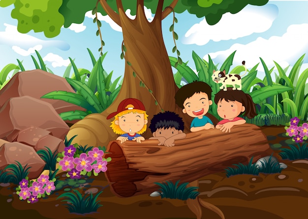 Kinder spielen im wald Kostenlose Vektor Kinder spielen im wald Kostenlose Vektor