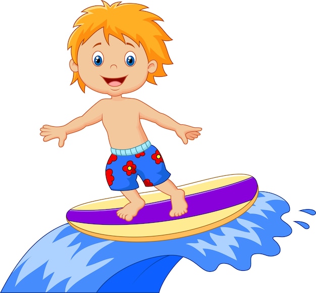 Kinder spielen surfen auf surfbrett über große welle | Premium-Vektor