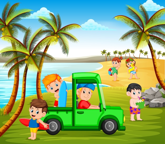 Kinder Urlaub Am Strand Mit Dem Auto Und Spielen In Der Kuste Premium Vektor