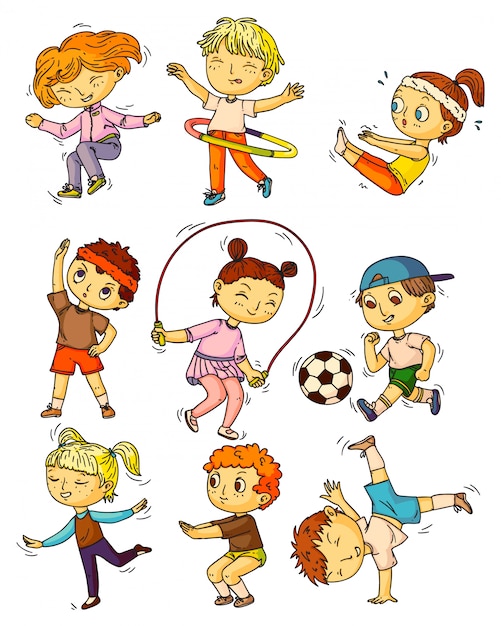 Kindersport Kinder Trainieren Sportliche Aktivitaten Machen Gluckliche Kinder Menschen Trainieren Trainieren Gymnastik Machen Kniebeugen Uberspringen Fussball Spielen Kindheit Lifestyle Sammlung Tanzen Premium Vektor