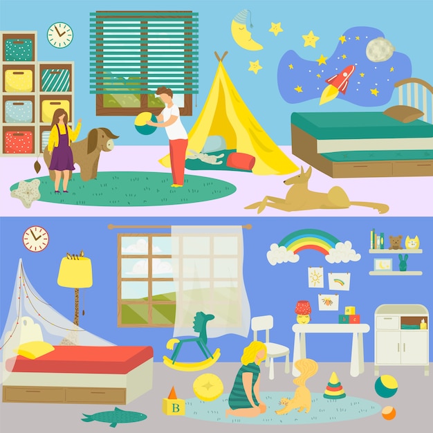 Kinderzimmer Interieur Mit Tier Haustier Illustration Netter Junge Madchen Person Im Hauslichen Hintergrund Kleiner Lustiger Katzenhund Zu Hause Junges Babyheimschlafzimmer Freizeit Mit Spielzeugspiel Premium Vektor