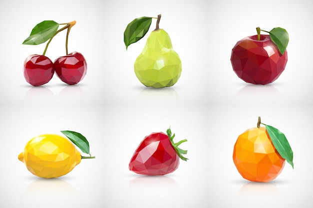 Kirsche, birne, apfel, zitrone, erdbeere und orange im stil von low poly Premium Vektoren