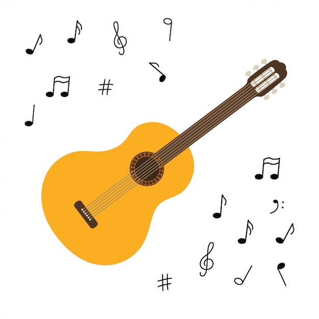 Klassische holzgitarre. saite gezupft musikinstrument. kleine akustische gitarre oder ukulele. rock- oder jazz-equipment. aufkleber mit kontur. Premium Vektoren