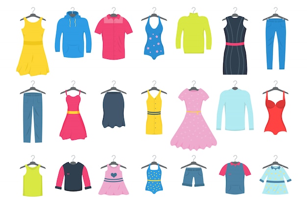 Kleidung Und Accessoires Mode Icon Set Neue Modekollektion Freizeitkleidung Fur Manner Und Frauen Auf Einem Kleiderbugel Im Laden Saisonales Verkaufskonzept Illustration Eines Flachen Ebenen Stils Premium Vektor