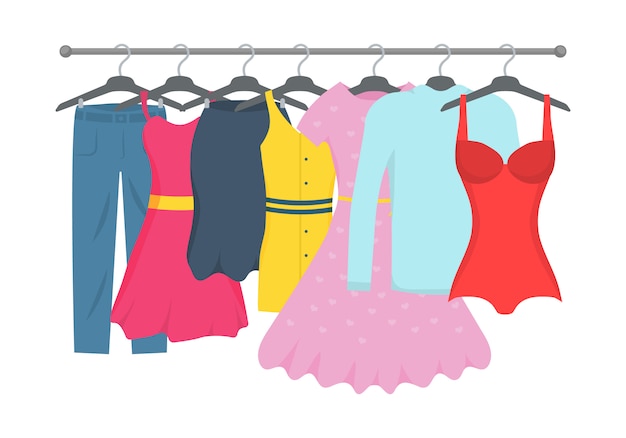 Kleidung Und Accessoires Mode Icon Set Neue Modekollektion Freizeitkleidung Fur Manner Und Frauen Auf Einem Kleiderbugel Im Laden Saisonales Verkaufskonzept Illustration Eines Flachen Ebenen Stils Premium Vektor