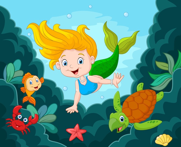 Kleine meerjungfrau, die unter wasser mit seetieren schwimmt Premium Vektoren