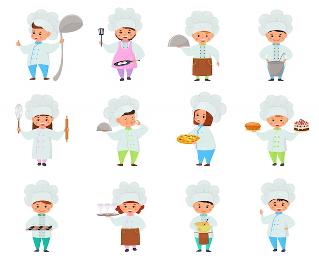 Kochen Kind Kinder Charaktere Junge Madchen Koch Kochen Essen Und Backen Kekse Kindische Illustration Kuchenzeiger Set Premium Vektor