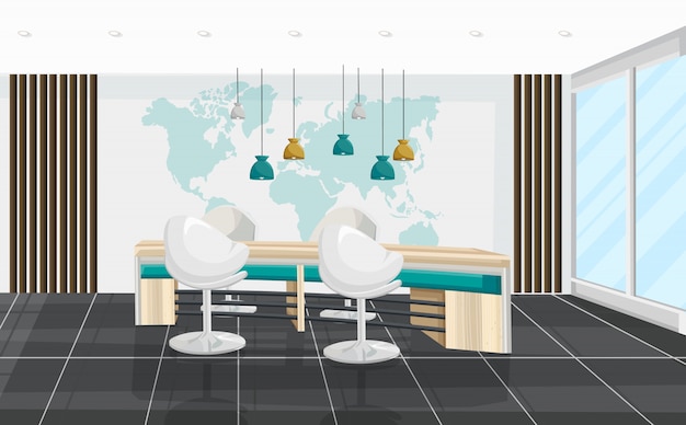 Konferenzraum mit schreibtisch und stühlen. innenausstattung für business center, call center, bank oder technologiezentrum Premium Vektoren