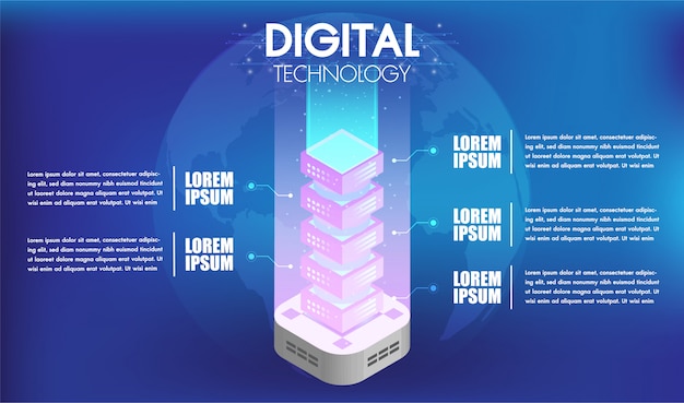 Konzept der big-data-technologie verarbeitung mit 5 optionen oder schritten infografiken server Premium Vektoren