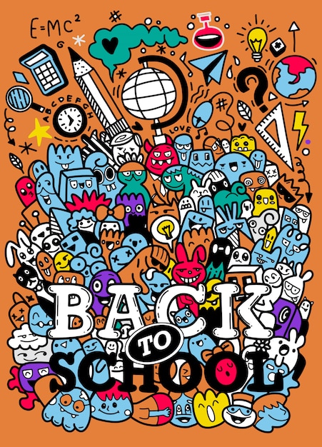 Konzept Der Bildung Schulhintergrund Mit Handgezeichneten Schulmaterialien Mit Back To School Schriftzug Im Pop Art Stil Premium Vektor