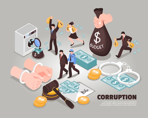 Korruptionsisometrie enthaltene symbole, die die unterschlagung von bestechungsgeldern symbolisieren. korrupter richter korrupter politiker Kostenlosen Vektoren