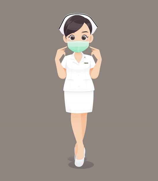 Krankenpflege trägt eine schutzmaske, cartoon ärztin oder krankenschwester in weißer uniform Premium Vektoren
