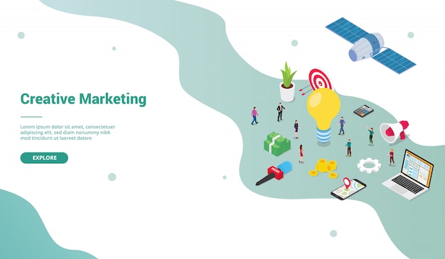Kreatives marketing-teamleute-geschäftskonzept mit großen ideen für websiteschablone oder landungshomepage mit moderner isometrischer flacher art Premium Vektoren