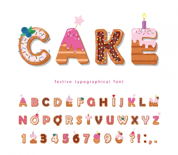 Kuchen Cartoon Schriftart Niedliche Susse Buchstaben Und Zahlen Fur Geburtstagsdesign Premium Vektor