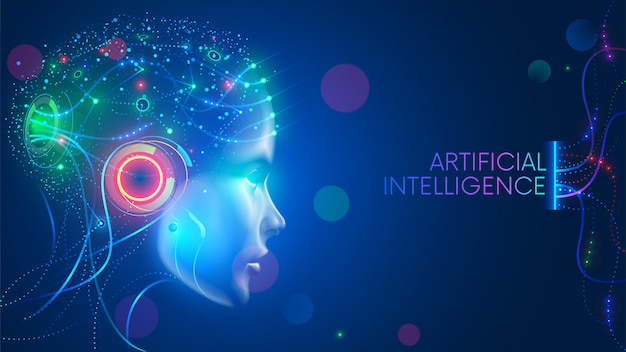 Künstliche intelligenz in humanoiden kopf mit neuronalen netzwerk denkt. ki mit digitalem gehirn Premium Vektoren