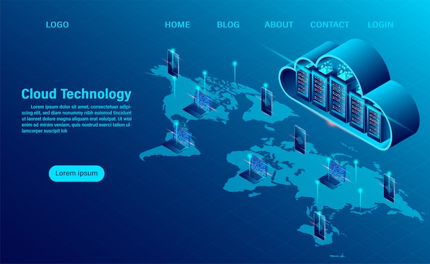 Landing page mit cloud-computing-konzept. online-computertechnologie. großes datenfluss-verarbeitungskonzept, server 3d und datencenter. isometrische flache bauform Premium Vektoren