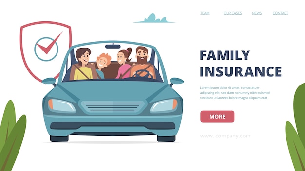 Landingpage Fur Familienversicherungen Versicherung Mit Glucklicher Familie Im Auto Karikatureltern Mit Kinderillustration Familienversicherung Und Schutz Betriebswirtschaftliche Betreuung Gegen Unfalle Premium Vektor