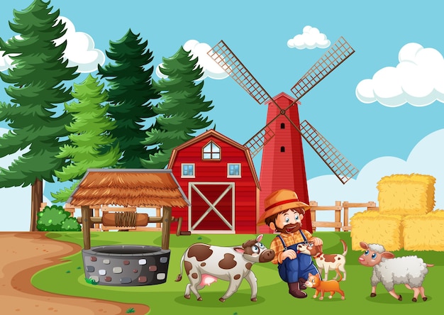 Landwirt mit tierfarm in der bauernhofszene im karikaturstil