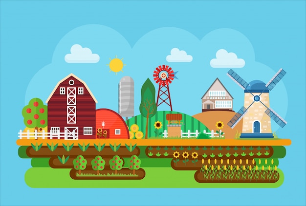 Landwirtschaftliche dorflandschaft Premium Vektoren