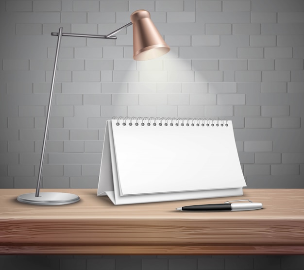 Leerer gewundener papierschreibtischkalenderstift und -lampe Kostenlosen Vektoren
