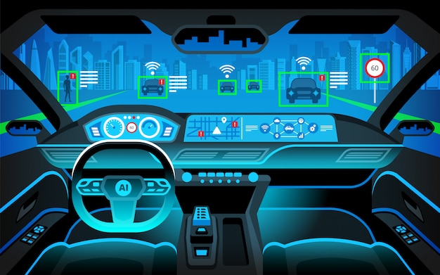 Leeres cockpit des fahrzeugs, hud (head up display) und digitaler tacho. autonomes auto. fahrerloses auto. selbstfahrendes fahrzeug. Premium Vektoren
