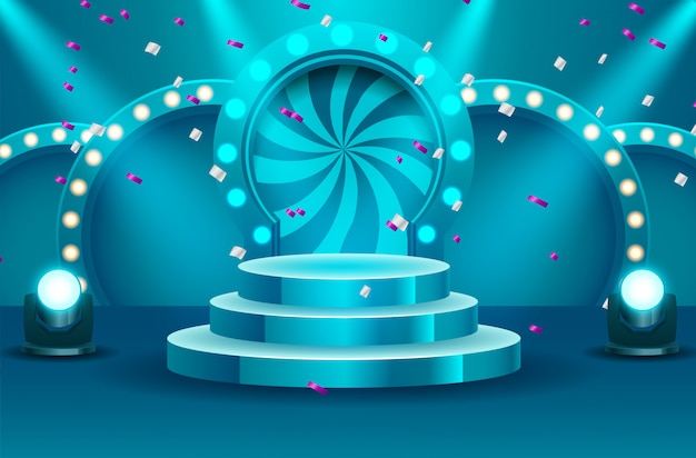 Leeres Podium Des Sportsiegers Belichtet Durch Scheinwerfervektorillustration Buhne Leer Mit Flutlicht Beleuchtet Vektor Illustration Premium Vektor