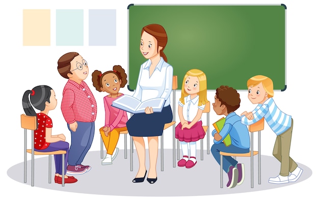 Lehrer An Der Tafel Im Klassenzimmer Mit Kindern Cartoon Vektor Isoliert Abbildung Premium Vektor