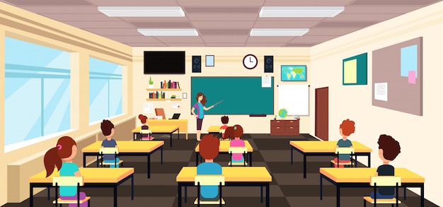 Lehrer An Der Tafel Und Kinder An Den Schultischen Im Klassenzimmer Cartoon Vektor Illustration Premium Vektor