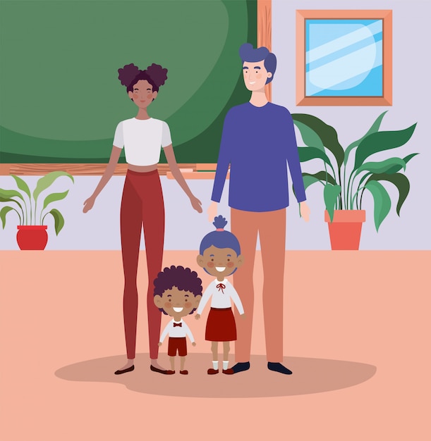 Lehrerpaare mit kleinen studentenkindern im klassenzimmer Kostenlosen Vektoren