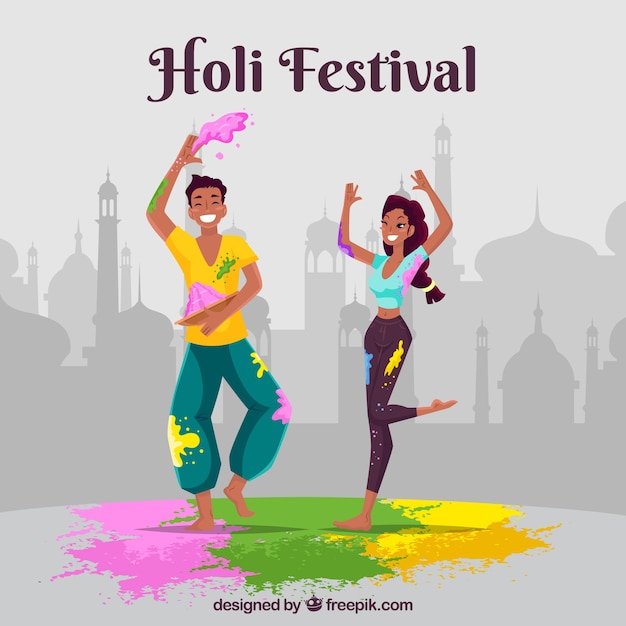 Leute, die Holi Festival in der flachen Art feiern Kostenlose Vektoren Leute, die Holi Festival in der flachen Art feiern Kostenlose Vektoren
